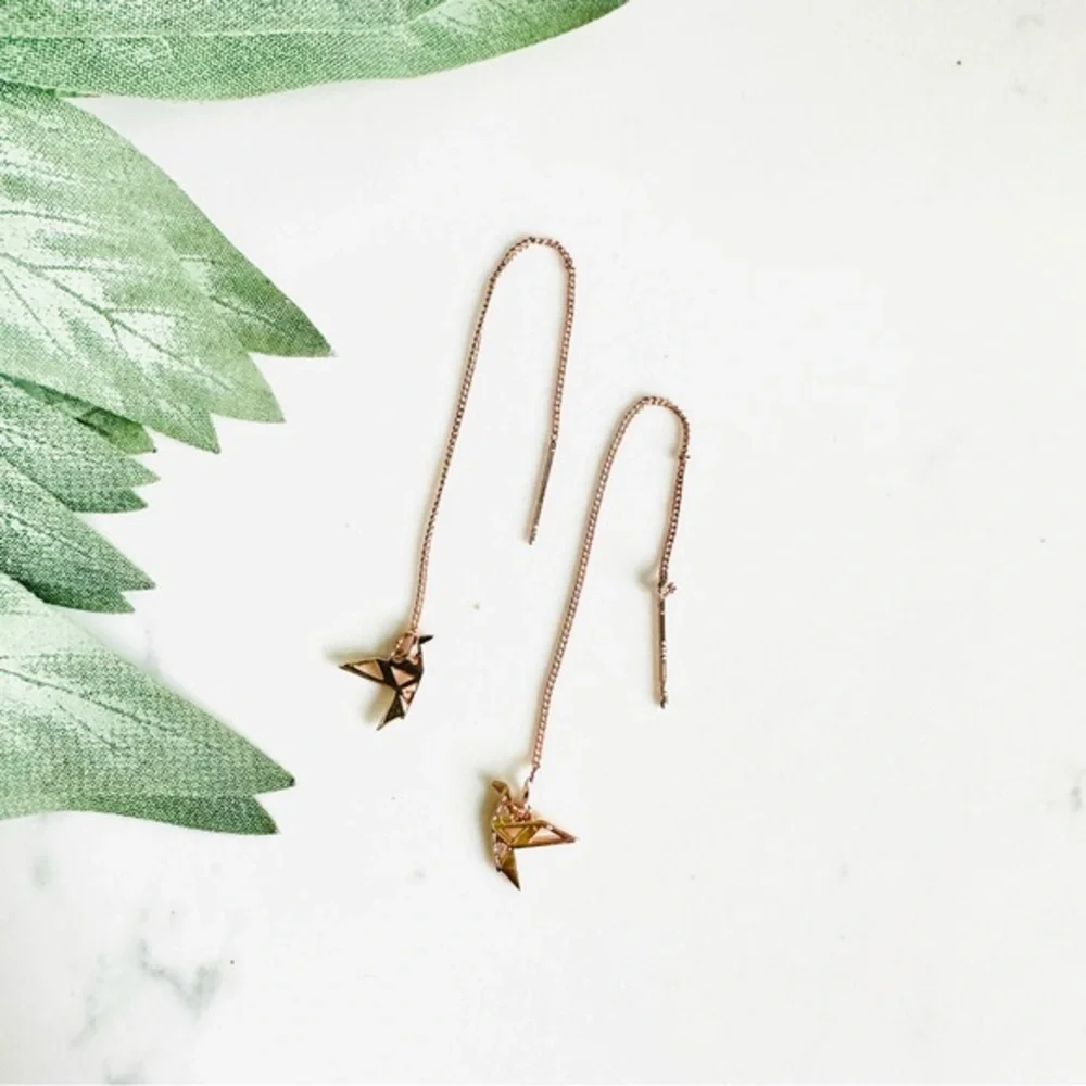 Origami Crane Bird Rose Gold Threader Earrings Delicate Long Chain Tassel - Picture 2 of 10